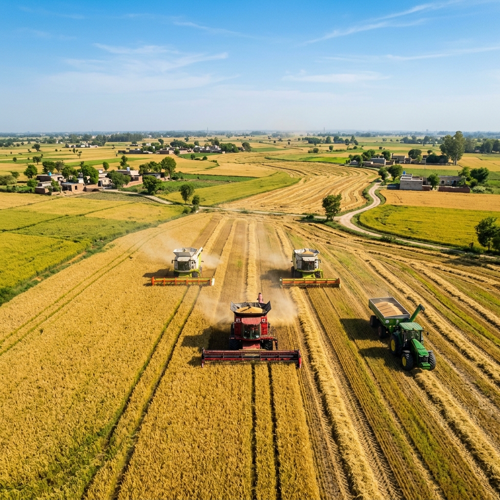 Combines harvesting wheat in Punjab