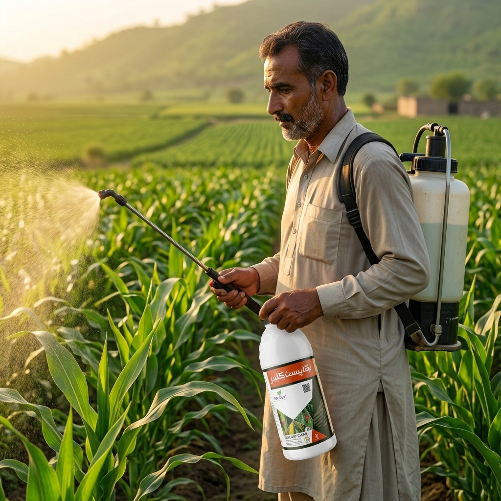 Farmer spraying crops with Sega Pest Clear bottle