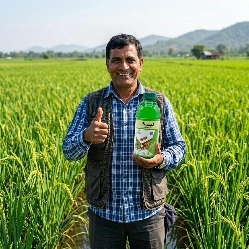 Smiling farmer with product bottle