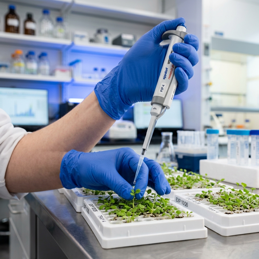 Researcher pipetting solution on green plant seedlings